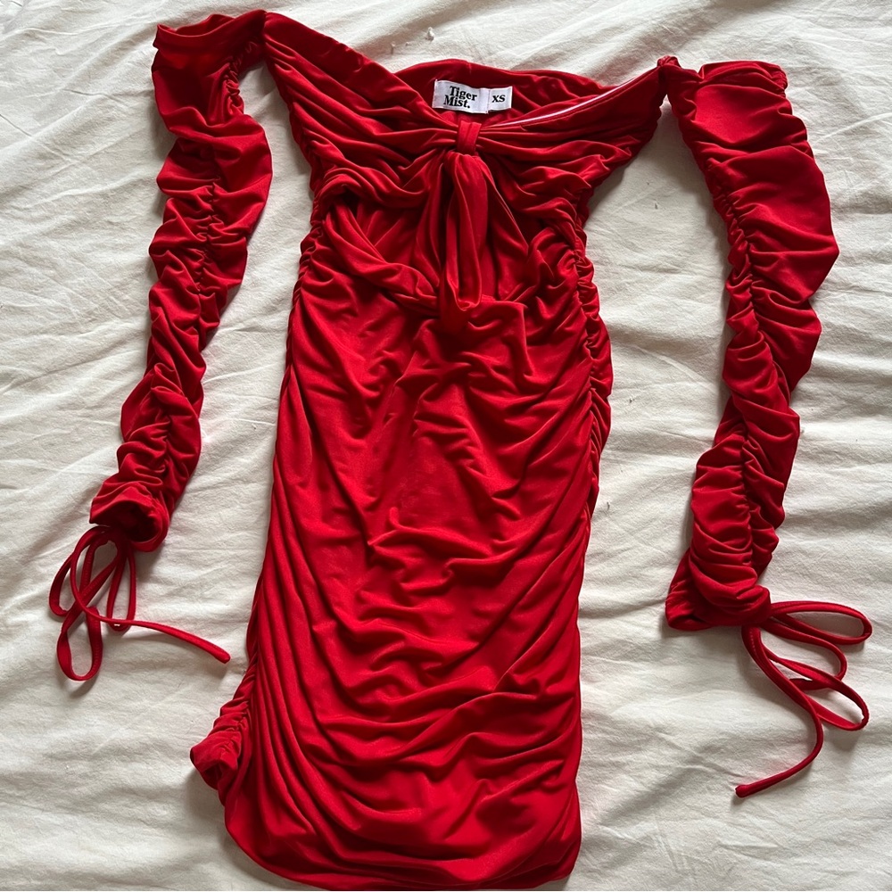 Tiger Mist Red Off-Shoulder Ruched Dress with Front Knot